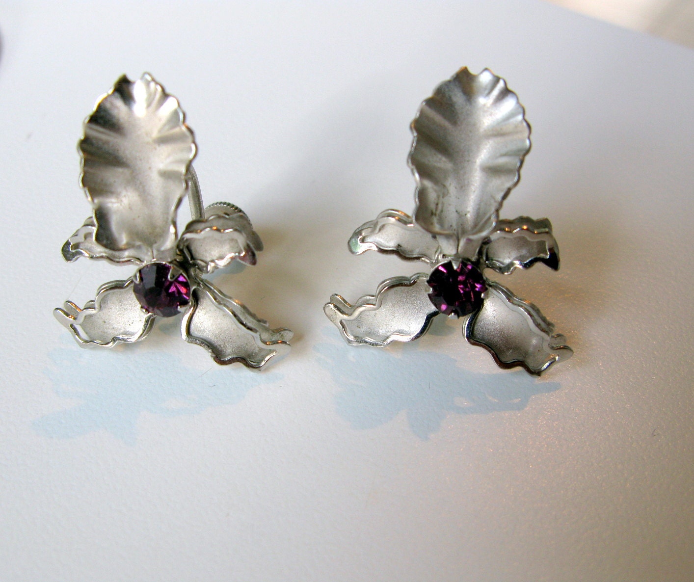 Orchid Earrings Prestige Silvertone Vintage Rhinestone Screw Back