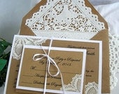 Custom Wedding Invitation & RSVP, Kraft Vintage Rustic White Doily Lace, Embossed, Elegant, Shabby Chic, 5 Piece Sample - Any Color