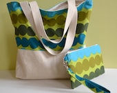Marimekko Rasymatto Tote Bag and Wristlet Set - Great Gift - Green Turquoise Circles and Natural Cotton Canvas