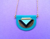 Lune small necklace, emerald and mint, graphic shape in leather, embroided beads