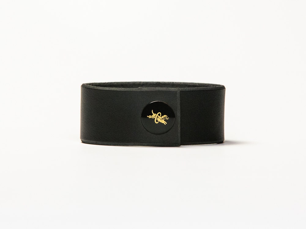Leather Cuff - Black Latigo - Ebony & Brass Fasteners - 1 Inch Wide