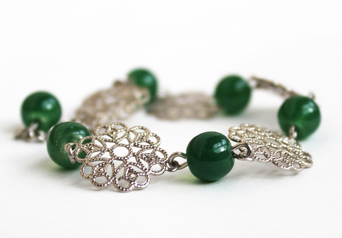 Green glass beads and silver plated filigree bracelet elegant gift for her valentin jewelry best friend birthday