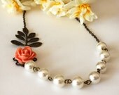 Pearl necklace with resin cabochon peach flower and tree branch leaf jewelry vintage gift for her best friend birthday romantic