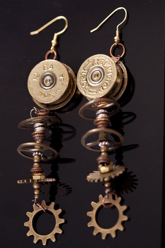 One of A Kind Ammo Shot Gun Shell-"Get It In Gear- Steampunk, Funky and Hip Dangle Earrings-Free U.S. and Can. SHipping