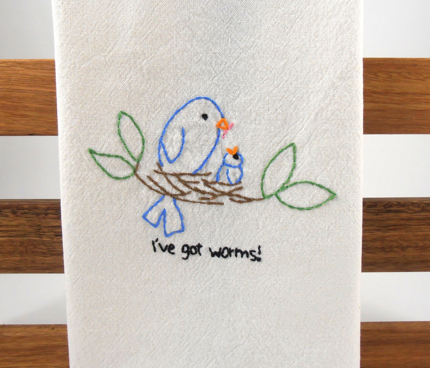Hand Embroidered Funny Kitchen Towel - Blue Birds