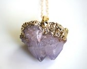 24k Gold Dipped Spirit Quartz Necklace. Lavender Cactus Quartz Druzy