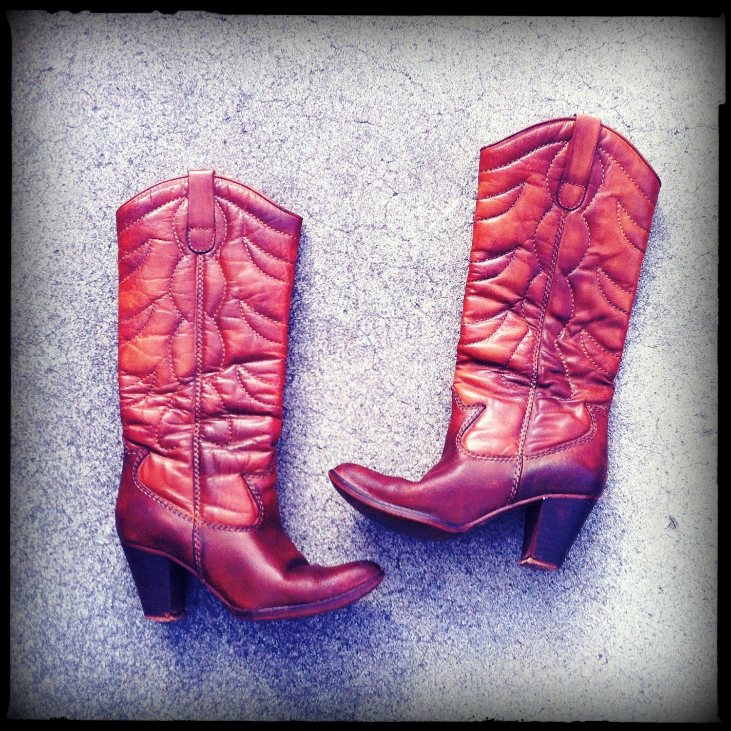 Vintage 70's Cognac Leather Stacked Heel Chaps Cowgirl Boots Size 6-6.5