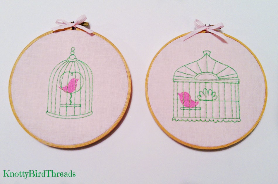 Caged Birds set of 2 hoop art embroidery pink green