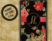 Monogrammed Kindle Fire case - Black floral with soft pink roses - pretty Kindle Fire cover, Kindle Touch case, plastic snap on case (9637)