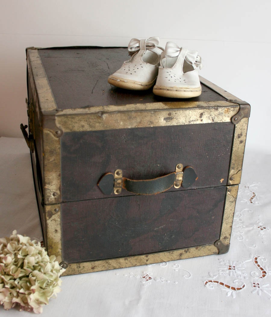 Vintage Doll Trunk Wardrobe Victorian wooden black metal trim antique shabby chic
