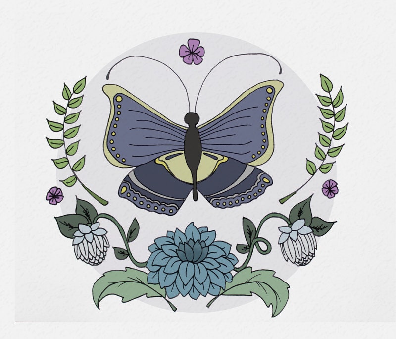Butterfly print 8 x 10 . nature print . home decor . spring decor . purple . blue . sage . yellow . hand drawn illustration .  garden .