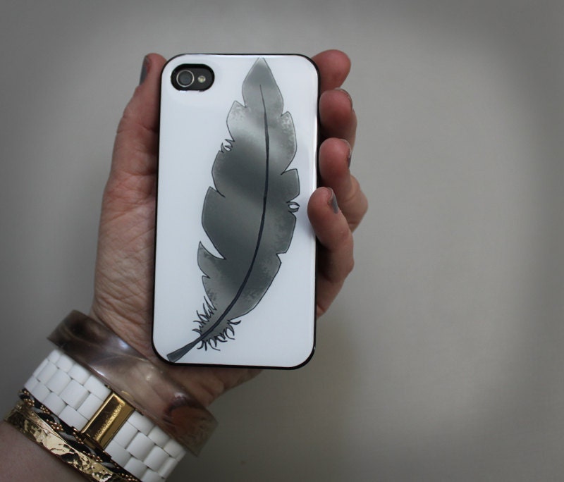 Grey feather Iphone case . slim barely there iphone case . modern iphone 4, 4s or 5 cell phone case . tribal . feather .