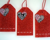 Glitter Red Heart Tags -  Mother's Day Gift Tags, Pink and Black Hang Tags, Gift Wrapping Supplies (Set of 5 Large Gift Tags)