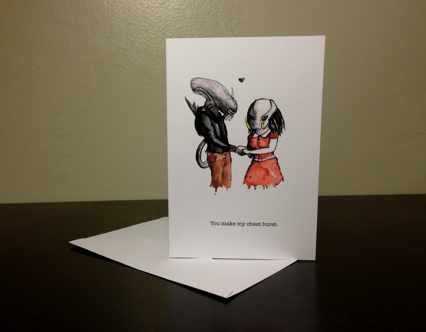 Alien Loves Predator Blank Card / Archival 4x6 inch watercolor print / nerd geek girl guy dork
