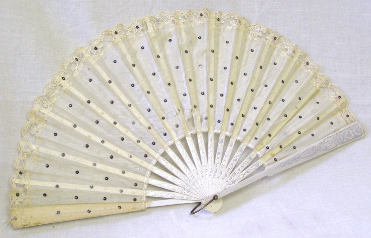 Stunning Antique French Hand Carved White Silk Lace & Wood Fan With Sterling Silver Sequins