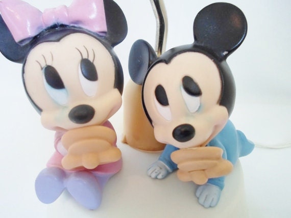 SPRING SALE Vintage Walt Disney Babby Micky and Minnie Mouse Lamp with Night Light   Nursery  Childs Room  by the Dolly Toy Co Ohio USA