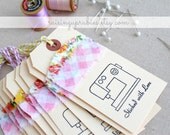 Manila hand-stamped pink gingham stitched with love gift tags - set of 10