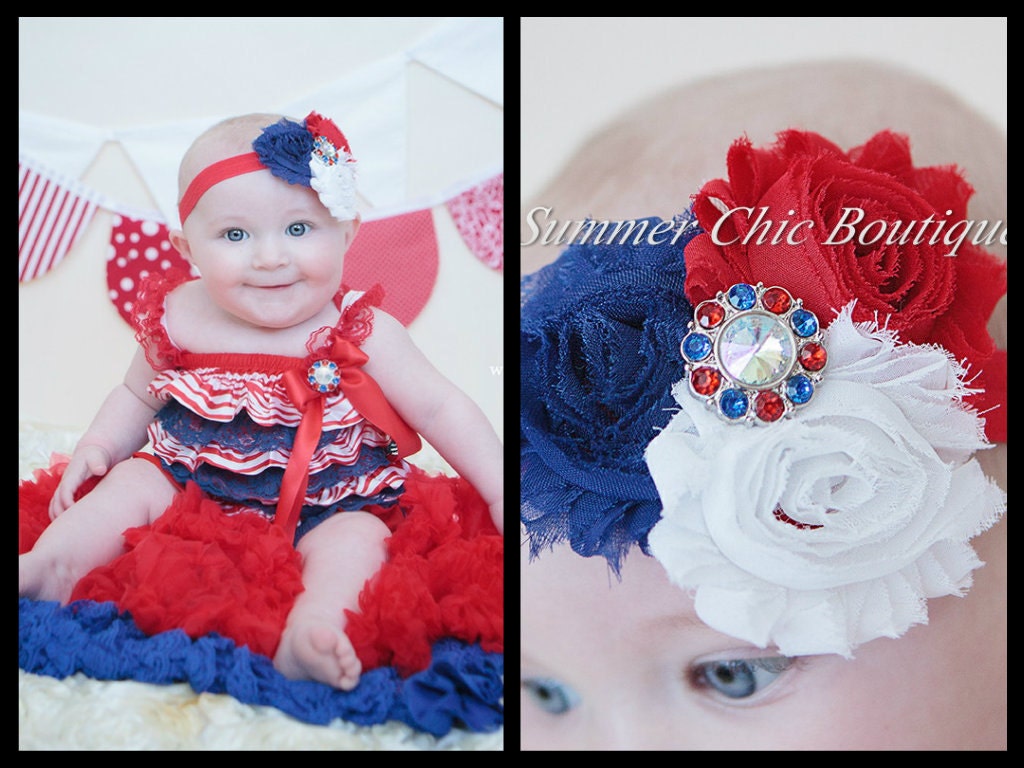 Romper and Headband set. Fourth of July Romper, Lace and Satin Romper, Petti Romper, Baby Romper, Red White and Blue Romper and Headband Set