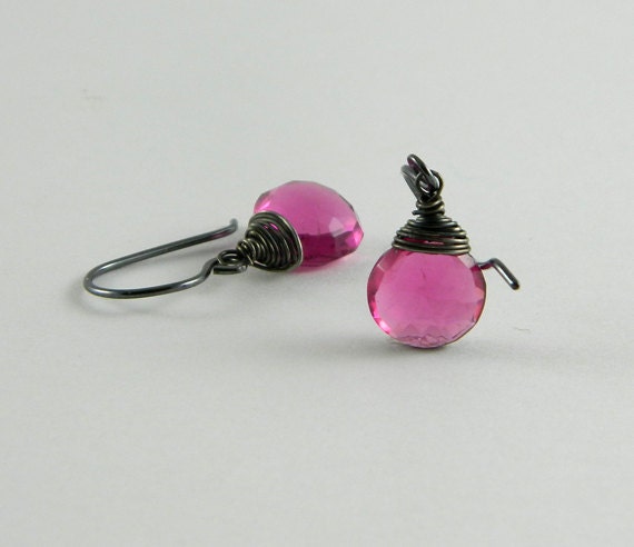 Hot Pink Earrings,Tiny Pink Gemstone Drop Earrings,  Petite Minimalist Bright Pink Earrings,Oxidized Sterling Silver Small Earrings