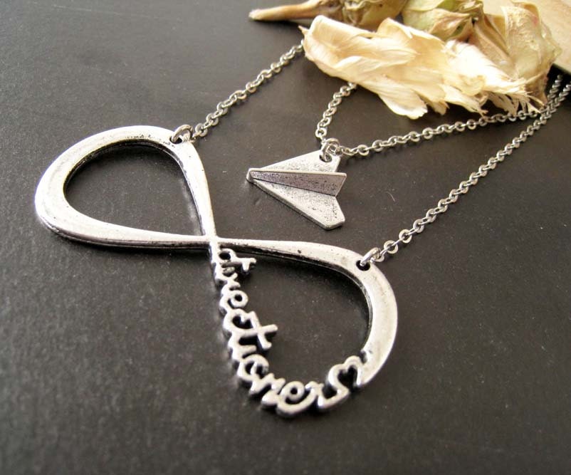 Silver Infinity 1D and Paper Airplane Pendants Layering Necklace