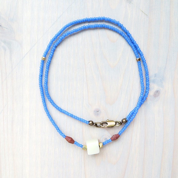 Jade Series - Delicate Seed Bead Strand Necklace Sapphire Blue Pale Jade
