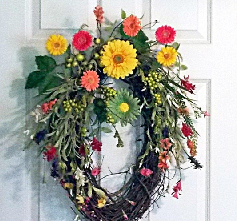 Summer Spring Grapevine Wreath, Mothers Day Gifts, Front Door Wreath, Yellow Pink Green Daisies, Oval Grapevine Wreath