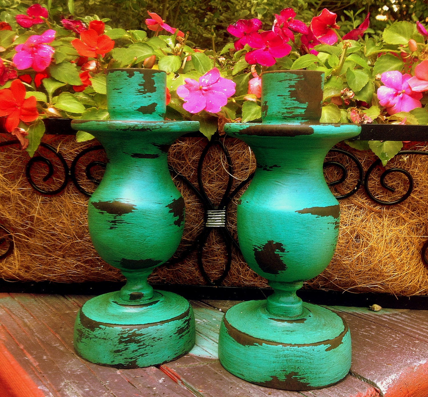 Set of 2 VINTAGE Wooden CANDLE HOLDERS - Upcycled / Painted in Turquoise / Teal & Distressed
