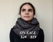 Super Warm Infinity Scarf Wool Blend Dark Brown & Grey Beige - Herringbone Winter Fashion-Neck Warmer- Cowl