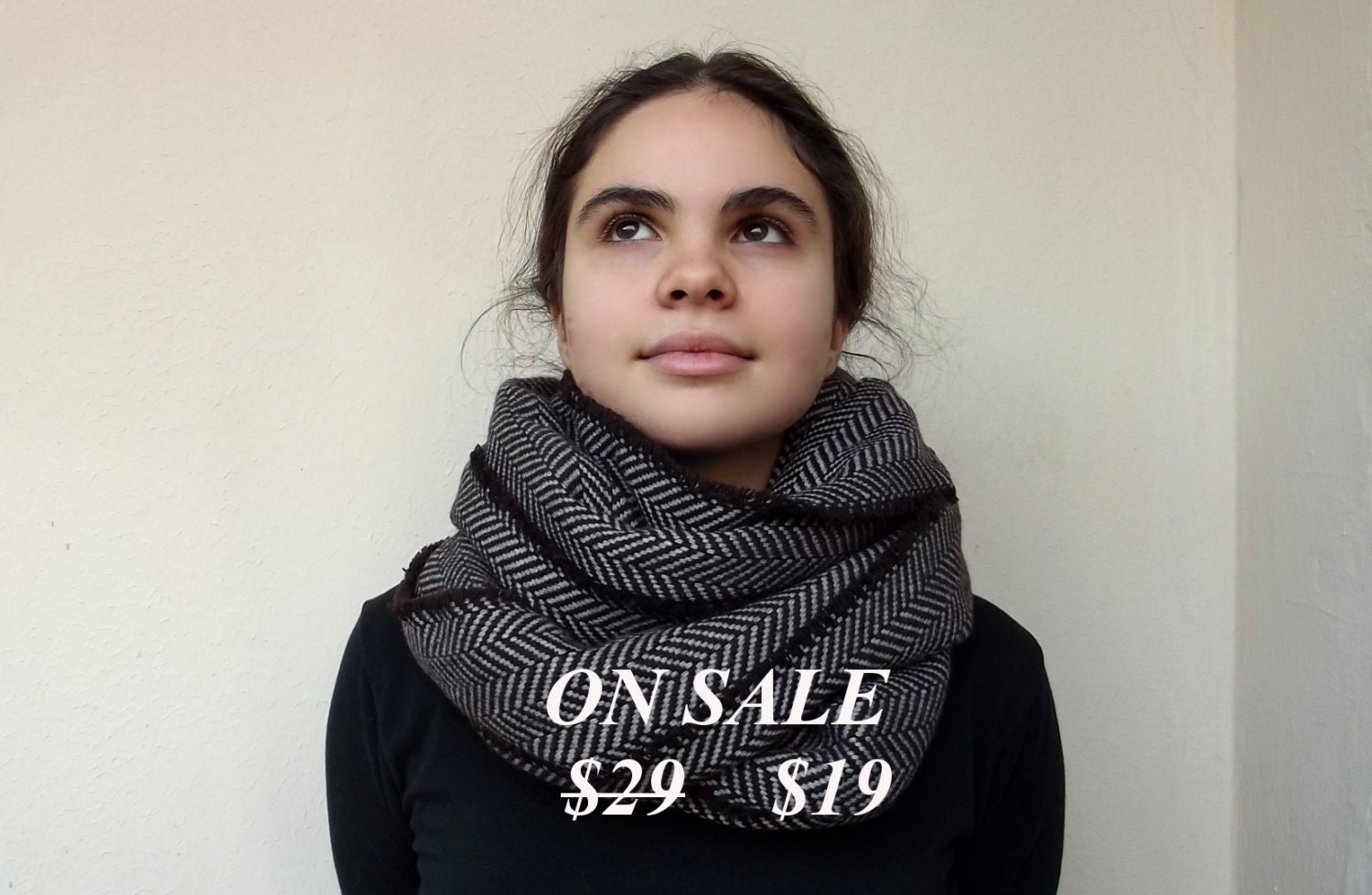 Super Warm Infinity Scarf Wool Blend Dark Brown & Grey Beige - Herringbone Winter Fashion-Neck Warmer- Cowl