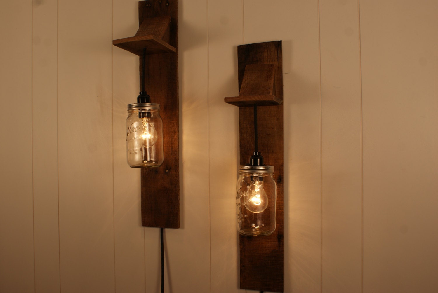 Pair of Mason Jar Chandelier Wall Mount Fixture -- Mason Jar Lighting - Upcycled Wood - Mason jar pendant