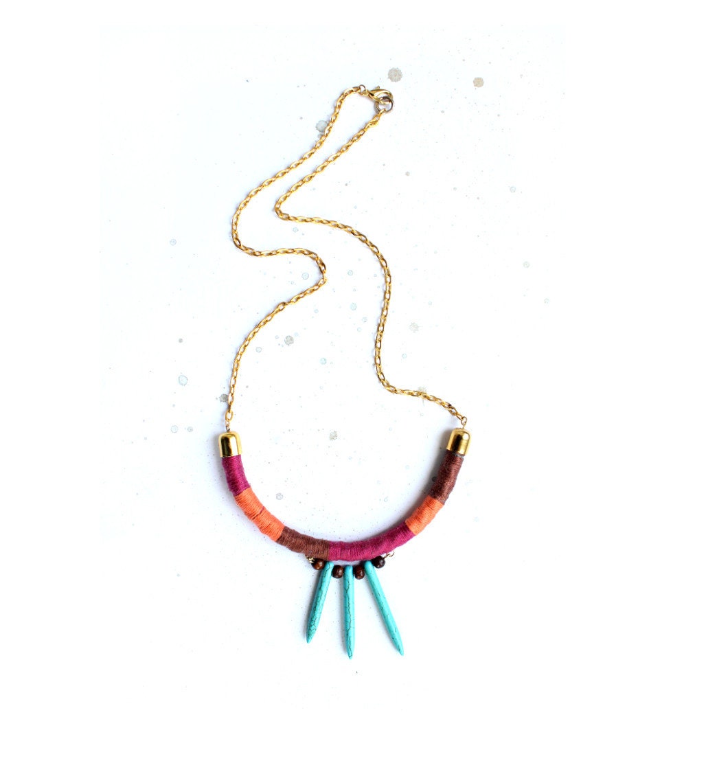 Rope and howlite spikes necklace " Amelia" /// Turquoise, pink, brown and orange