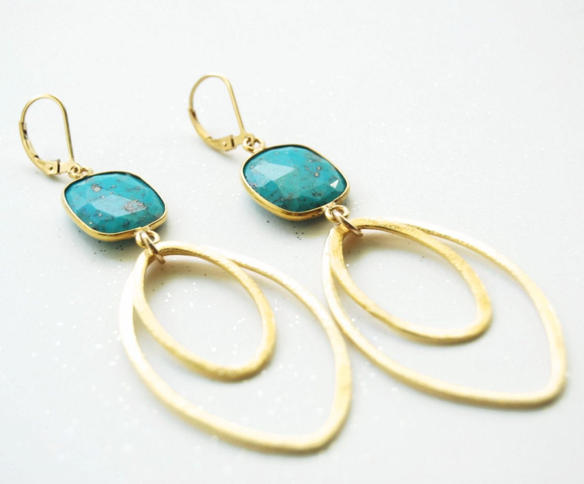 Hinuhinu earrings  - gold turquoise hoop drop earrings, large hoop earrings, gold dangle earrings, vermeil turquoise drops, boho, hawaii