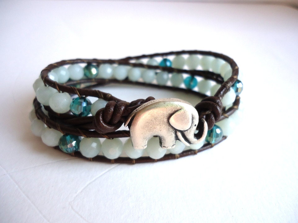 Mint Green Seafoam Leather Double Wrap Bracelet/Chan Luu/stack bracelet/lucky elephant button/boho/pastel colours/spring summer 2013 trend