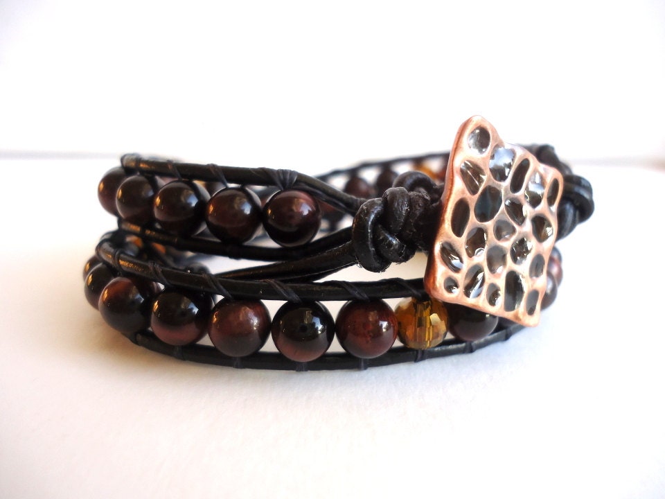 Red Tiger Eye Leather Wrap Bracelet / Chan Luu inspired / stack bracelet / square copper enamel button / boho glam / chic / rustic / evening