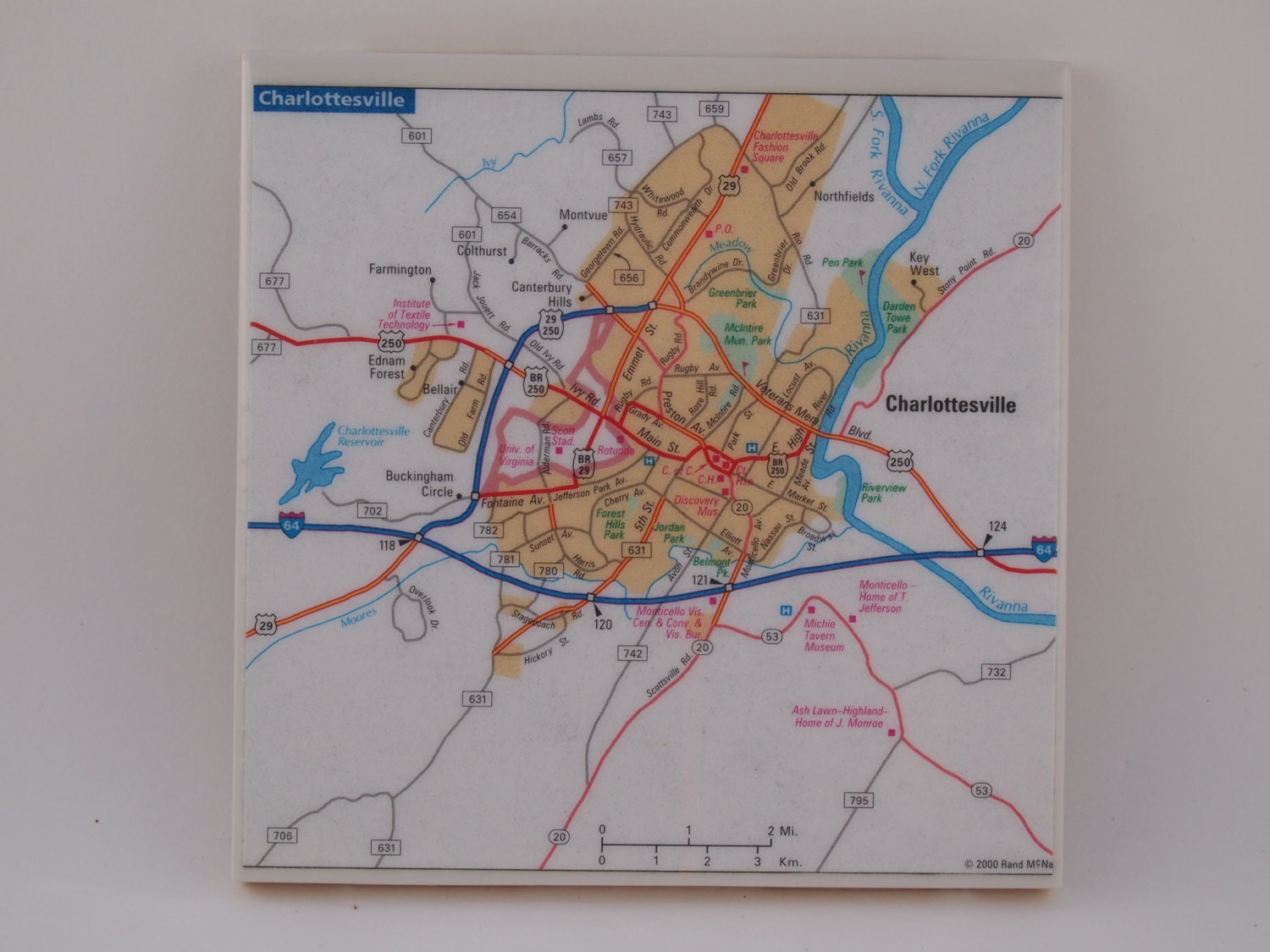 2000 Charlottesville Virginia Handmade Map Coaster - Ceramic Tile Coaster - Repurposed 2000 Rand McNally Atlas  - OOAK Drink Coasters