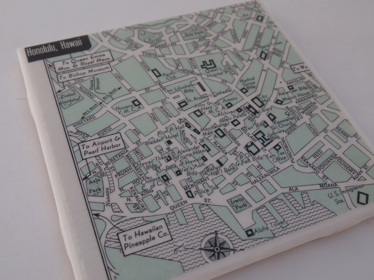 1960 Honolulu Hawaii Handmade Vintage Map Coaster - Ceramic Tile Coaster - Repurposed 1960 Hammond Atlas - OOAK Drink Coasters