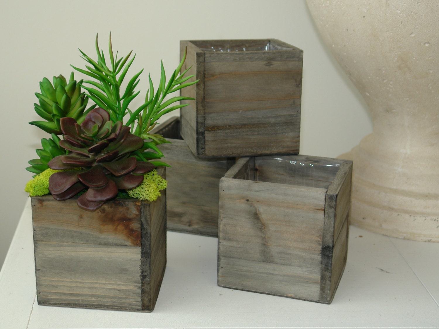 natural wood square vase with artificial real touch potted succulents wedding flower pot centerpiece woodwork rustic garden wedding boxes