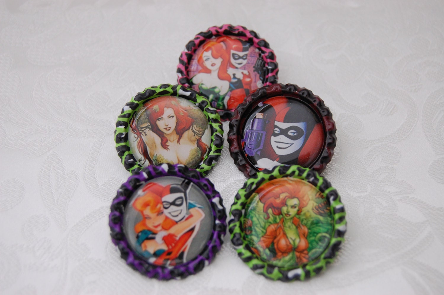 Poison Ivy and Harley Quinn 1 Inch Bottle Cap Pins Set of 5