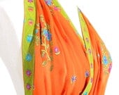 Large Orange Sarong, Silk Chiffon Pareo, Embroidered Shawl, Beach Wrap, Silk Sari Scarf