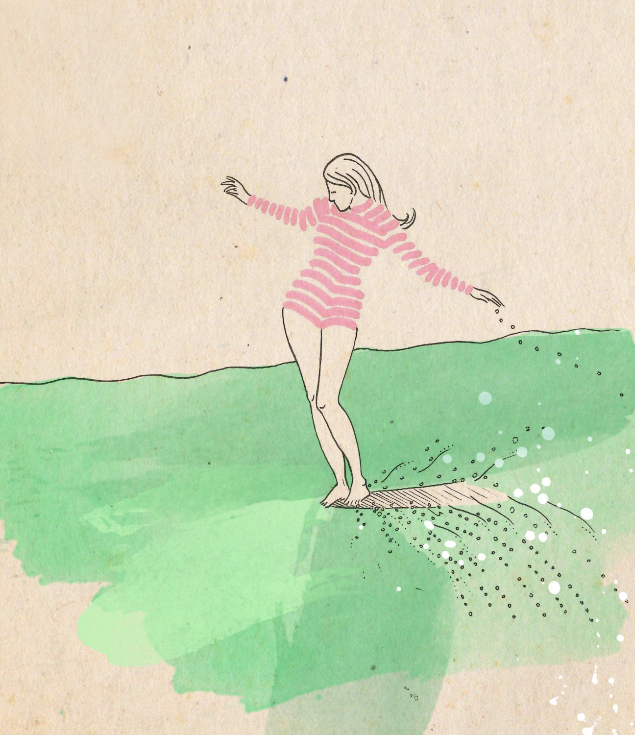 Afternoon glass  - ink, watercolour & collage illustration print on archival paper