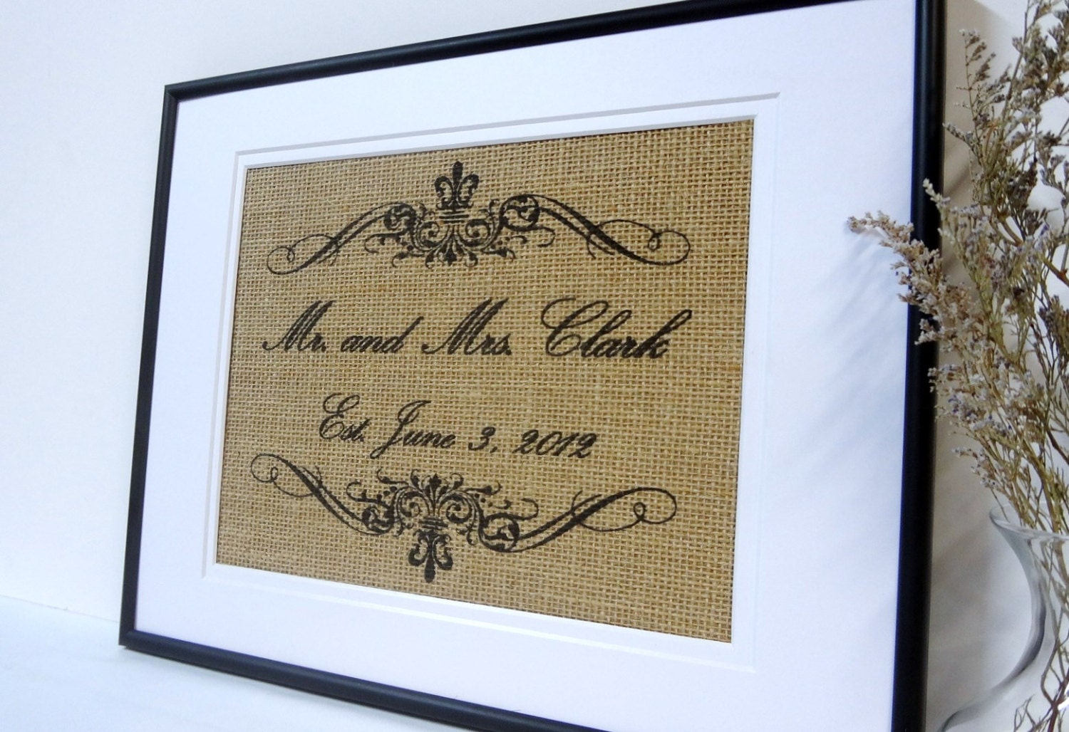 Mr. and Mrs. engagement, wedding, anniversary gift on natural burlap