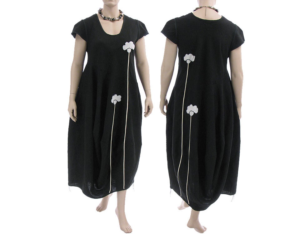 Artsy boho linen dress, balloony shape in black / lagenlook for plus size women, extra large / maxi dress, party dress