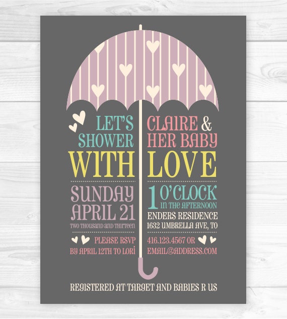 Printable Baby Shower Invitation - Showered with Love - Umbrella and Hearts - Typography Invitation Il_570xn