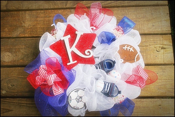 Baby Boy "All American" Deco Mesh Star Initial Wreath