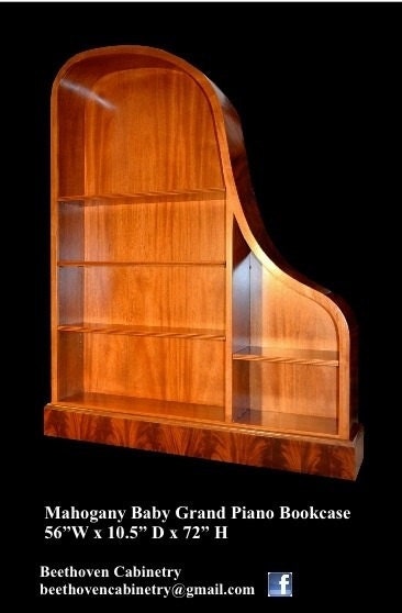 Baby Grand Piano Bookcases in     Cherry, Honduras Crotch Mahogany, Linen White Lacquer, Black Lacquer with Ebony Trim