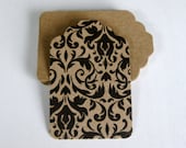 24 Craft Paper Hand Punched Tags With Black Floral Damask Pattern