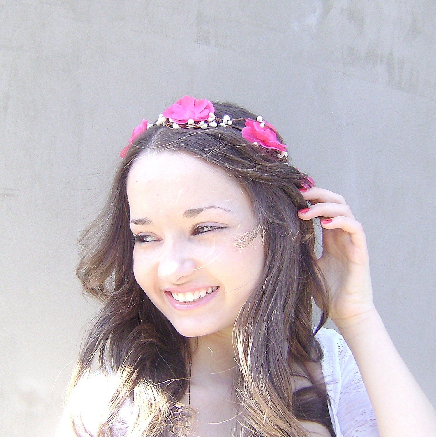 Bridal  Flower hair, wedding accessories, wedding headpiece, Headband, head wreath, wedding crown, hot pink flowers, woodland, rustic