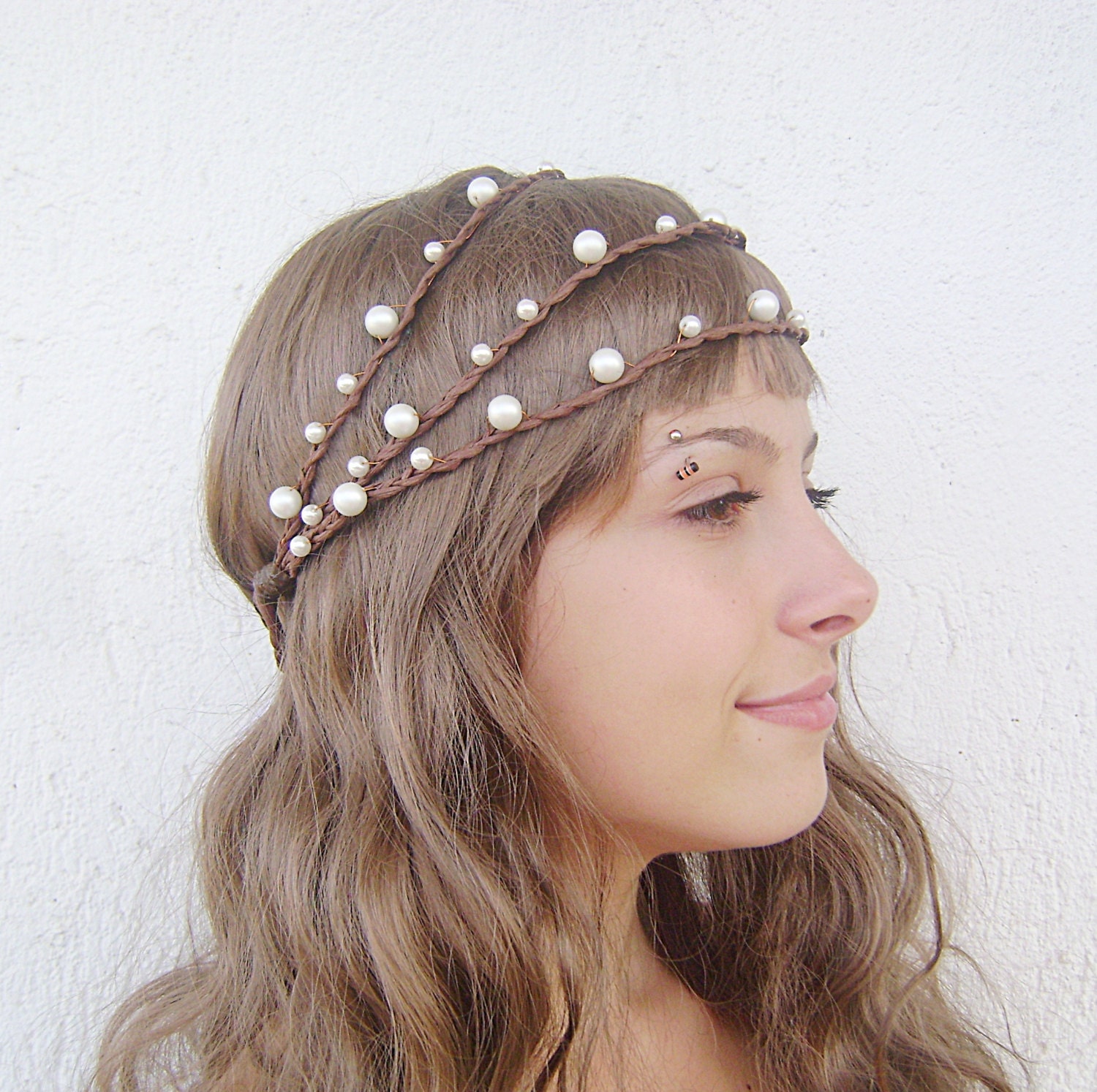 Boho Hippie wedding pearl headband, triple strand tiara, Grecian Triple bridal halo, hairband, bridal headpiece,rustic, woodland