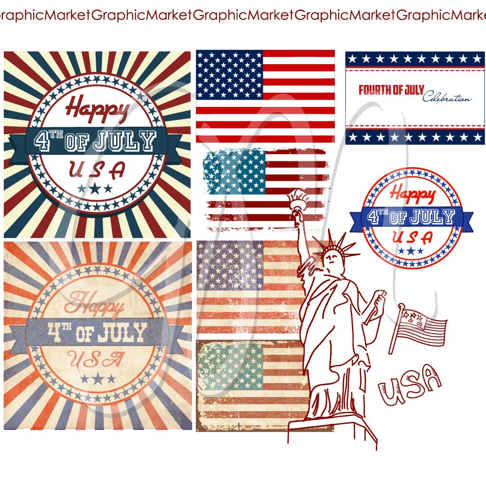 4th of July Clip Art Set. USA digital flags clipart, Vintage style. blue white red, statue of liberty, templates, Independence day card