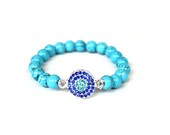 Sapphire Rhinestone Round Crystal Bracelet. Evil Eye Bracelet. Turquoise Beaded Bracelet. Stretch Bracelet. Lucky Bracelet